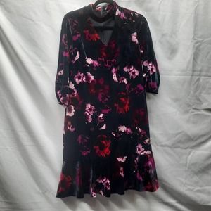 Roz & Ali Crushed Velvet Black Pink Magenta Tiered Flounce V-Neck Midi Dress 8